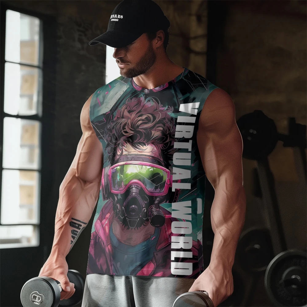 Comic Deep Sea Diver Print Casual Tank Top Sleeveless Thin Vest Youth Men's Sports Fitness Vest