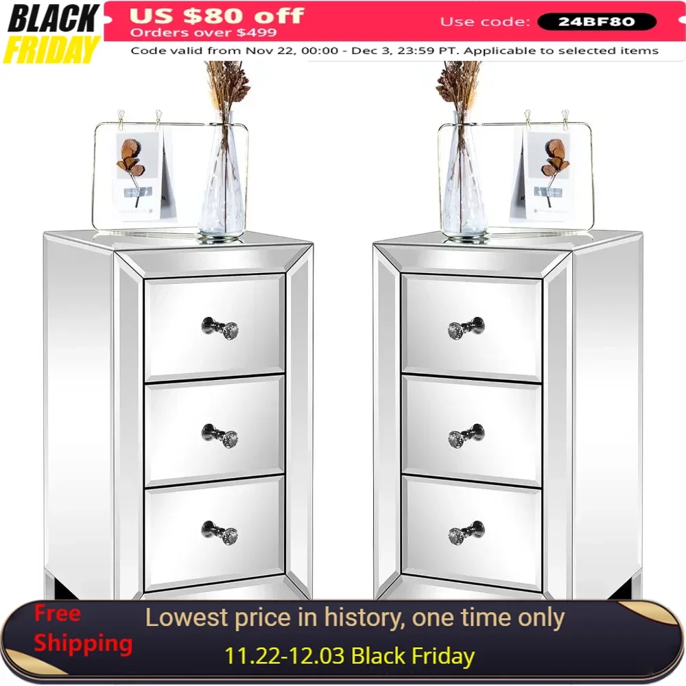 

Nightstands Set of 2 3-Drawer Mirrored Nightstand End Table Glass Nightstand for Bedroom