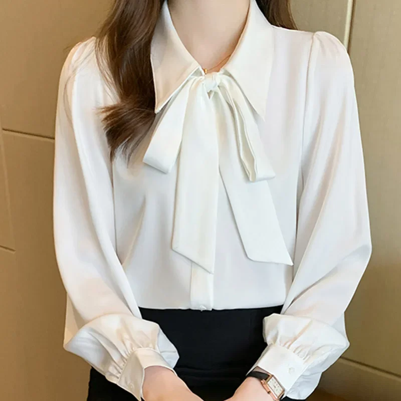 

2025 Fashion Long Sleeve Turn Down Collar Women Shirt White Bow Satin Elegant Soft Shirt Blouse Women Tops Camisas De Mujer N645