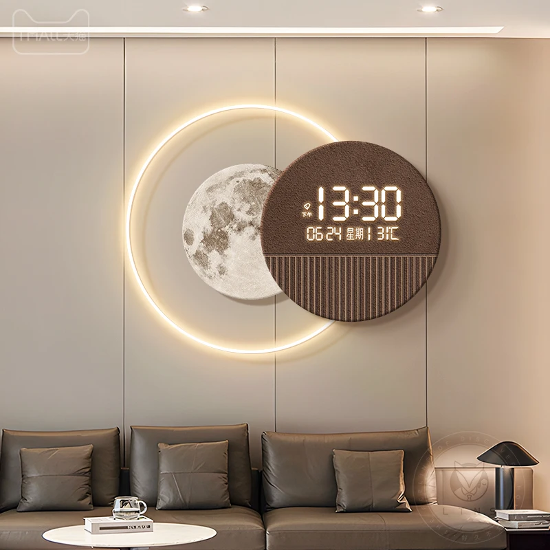 Modern light luxury living room decoration painting digital display wall clock moon glowing high-end clock