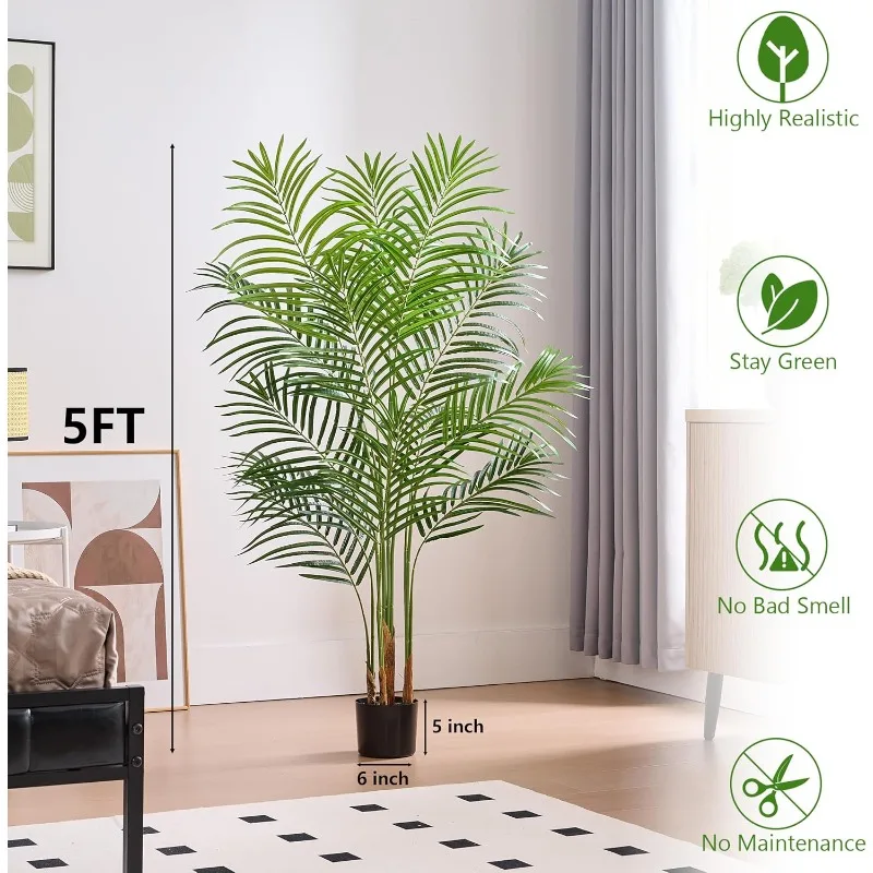 Artificial Fake Palm Tree with 13 Trunks and Real Bark Design, Premium Polyester,Tropical Paradise Palm Tree in Pot