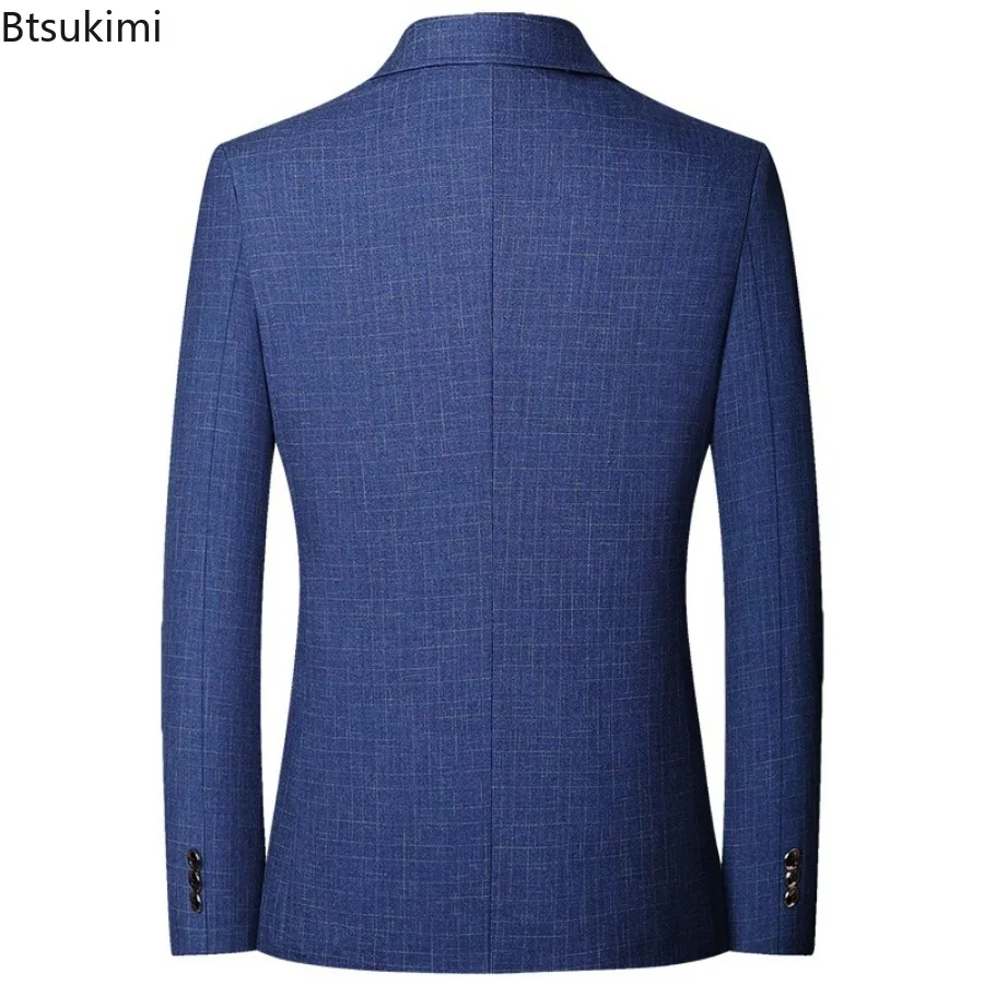 2024 Men's Formal Business Office Blazer Jacket Suits Plaid Middle Age Gentlemen's Wedding Evening Party Blazer Luxo Masculino