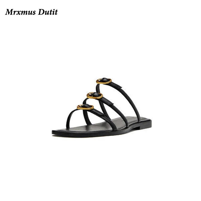 Mrxmus Dutit 2023 Fashion Women New Genuine Leather Metal Buckle Decoration Flat Slippers Casual Sandals Simple Shoes Female