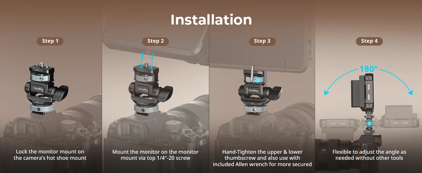 SmallRig Monitorhalterung für horizontale und vertikale Aufnahmen mit Cold-Shoe-Halterung, schwenk- und neigbar, für DSLR-Käfiggriff 6313 – Detail 7