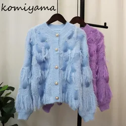 Komiyama Feathers Beading Tassel Cardigans Femme Pearl Button Sweater Fall Womens Clothing V Neck Long Sleeve Knitwears Tops