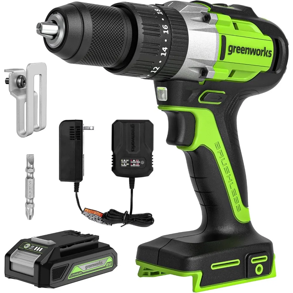 Greenworks 24-Volt Cordless 1/2-Inch Hammer Drill with 530 Inch-Pounds Torque, 2.0Ah Battery and Charger Included, Model DDG402