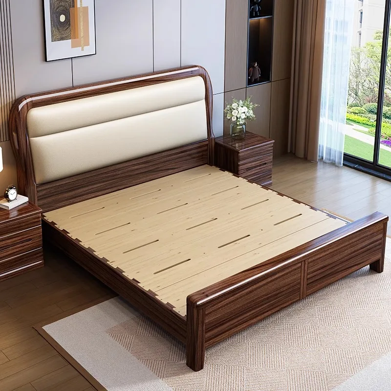 # Wood Bed in Walnut Tone with Padded Headboard, Stylish Bed Frame with Matching Nightstands for Modern Classic Bedrooms