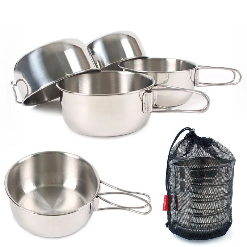 

4pcs Stainless Steel Bowl Pot Set Camping Kitchen Mountaineering Picnic Outdoor Portable Cooking Utensils Set Bowls Tableware