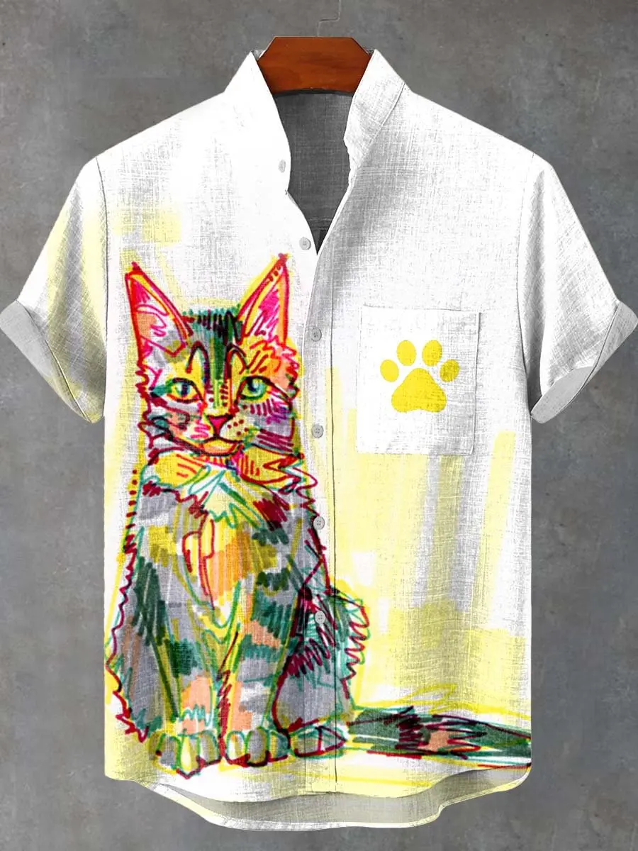 

Men's Linen Short Sleeve Shirt Print Pattern Anchor Vintage Kitten Outdoor Cover Street Short Sleeve Print Fashion Clothing