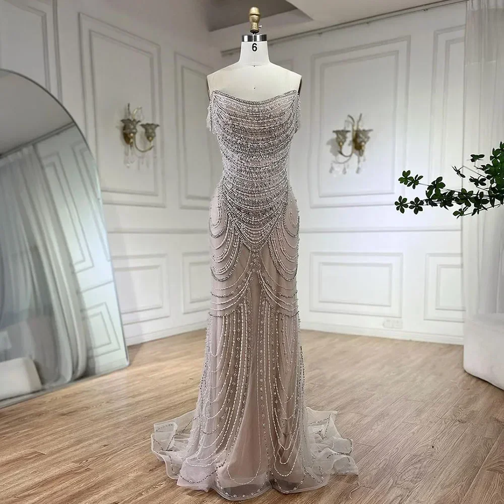 SERENE HILL Customized 2025 White Nude Off Shoulder Mermaid Luxury Beaded Evening Dresses Pearls Gowns Wedding Party GLA72253