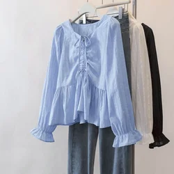 Drawstring Shirts for Women Lace-up Autumn Design Sense Loose Long Sleeve Blouse Skinny Looking Korean Casual O-neck Shirts