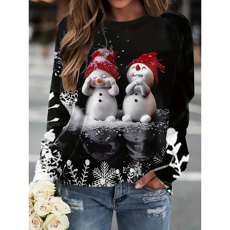 Plus Size New Women's Christmas Snowman Print T-shirt Long-sleeved Round Neck Casual Top