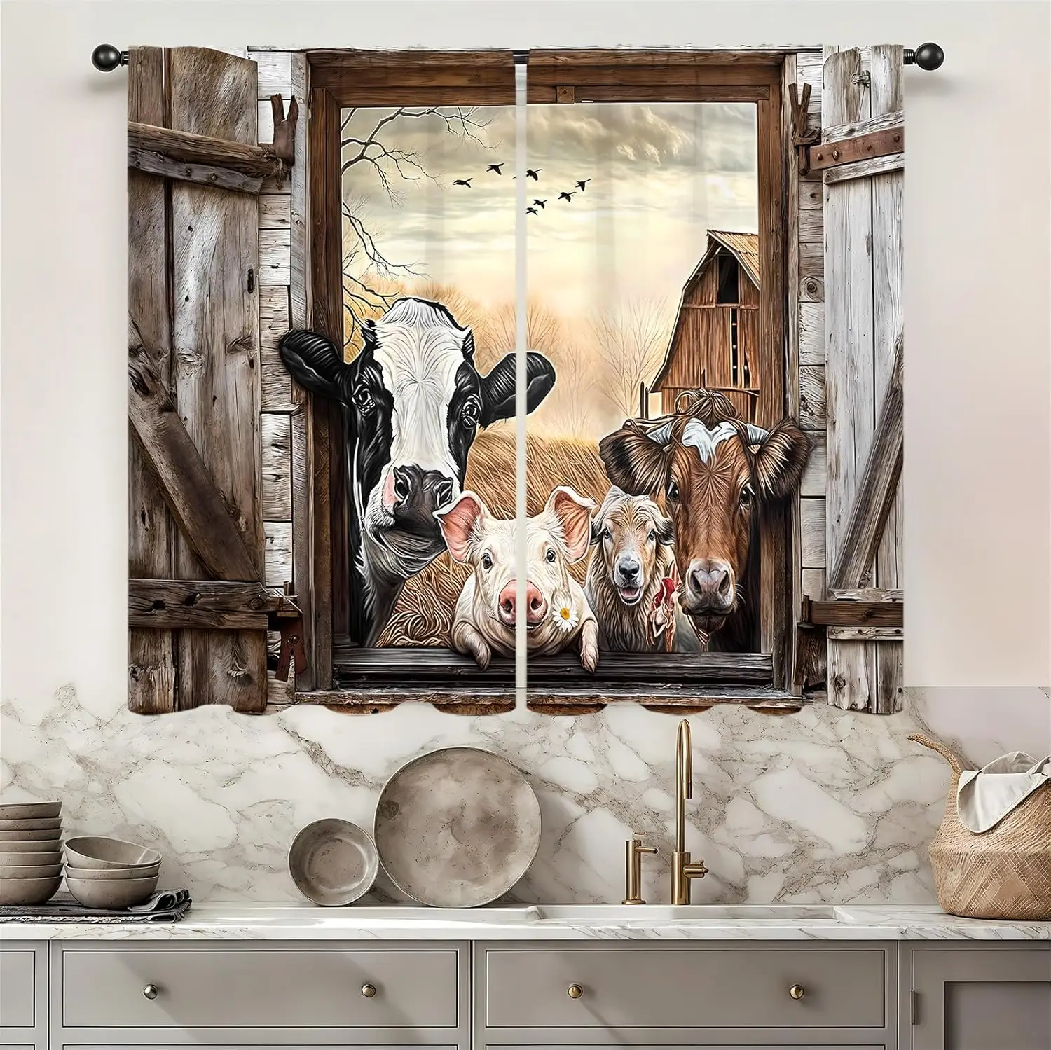 Farmhouse Cow Kitchen Curtain 2 Panel Rod Pocket Country Farm Animal Barn Door Rustic Vintage Cattle Brown Small Short Cafe Tier