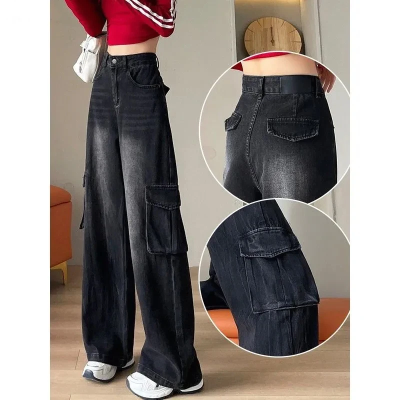 High Street American Design Pocket High Waist Work Pants Loose Oversized Straight Vintage Floor Pants Fashionable Casual Jeans
