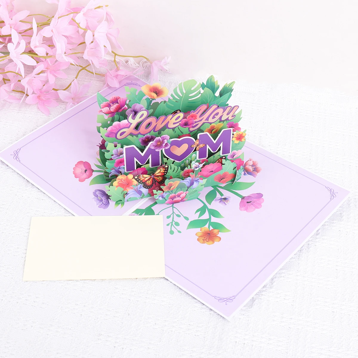 3D 꽃무늬 나비 팝업 카드, 창의적인 어머니의 날 감사 메시지 카드 봉투, 엄마를 위한 수제 종이 선물