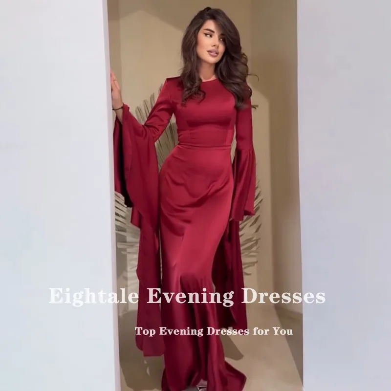 Eightale Burgundy Evening Dress Customized O-Neck Long Sleeves Arabic Mermaid Prom Wedding Party Gowns Satin