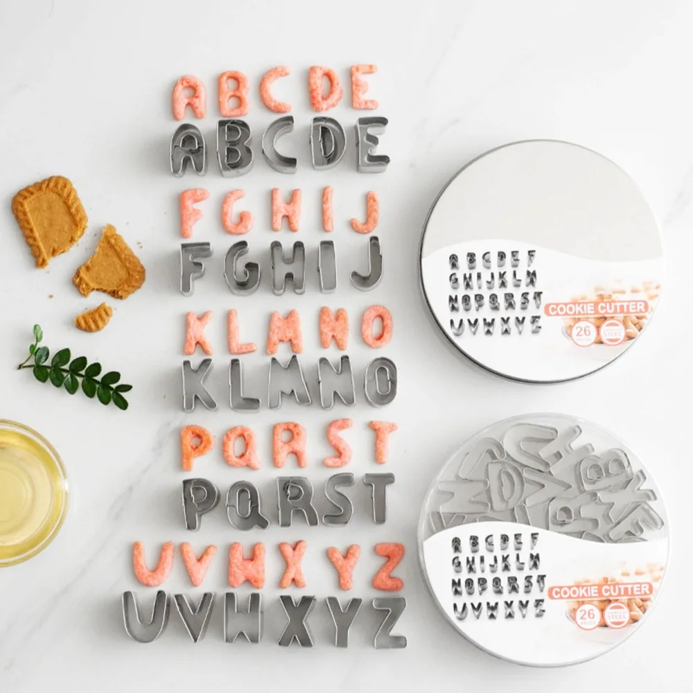 26PCS 26 Letter Shapes Alphabet Cookie Cutters Round Storage Box Stainless Steel Letter Biscuit Cutter Set Compact Size