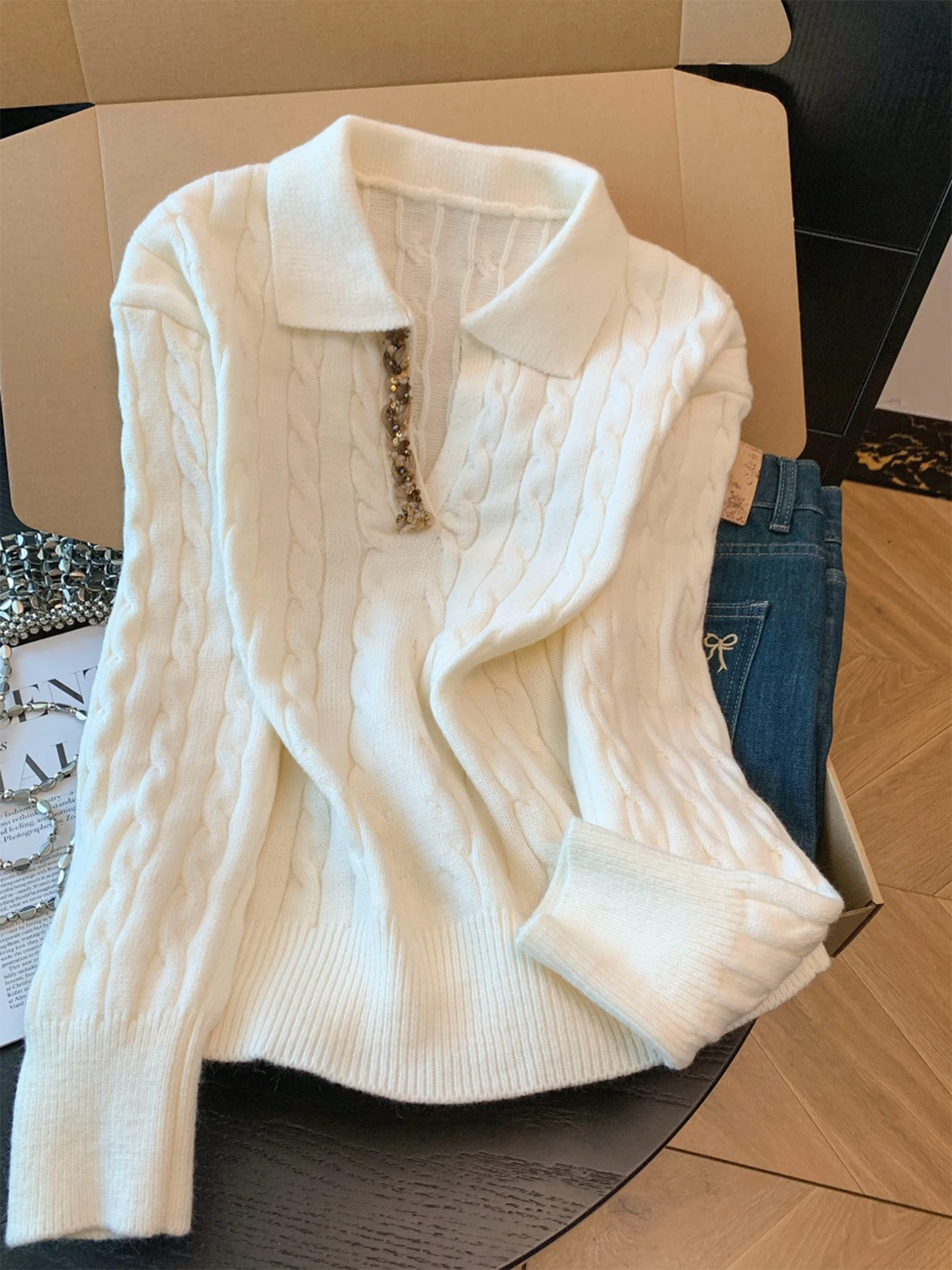 الرجعية الكورية V-Ne الترتر تويست Ne Long Sve محبوك سترة المرأة الخريف الشتاء فضفاض قاعدة طبقة سترة