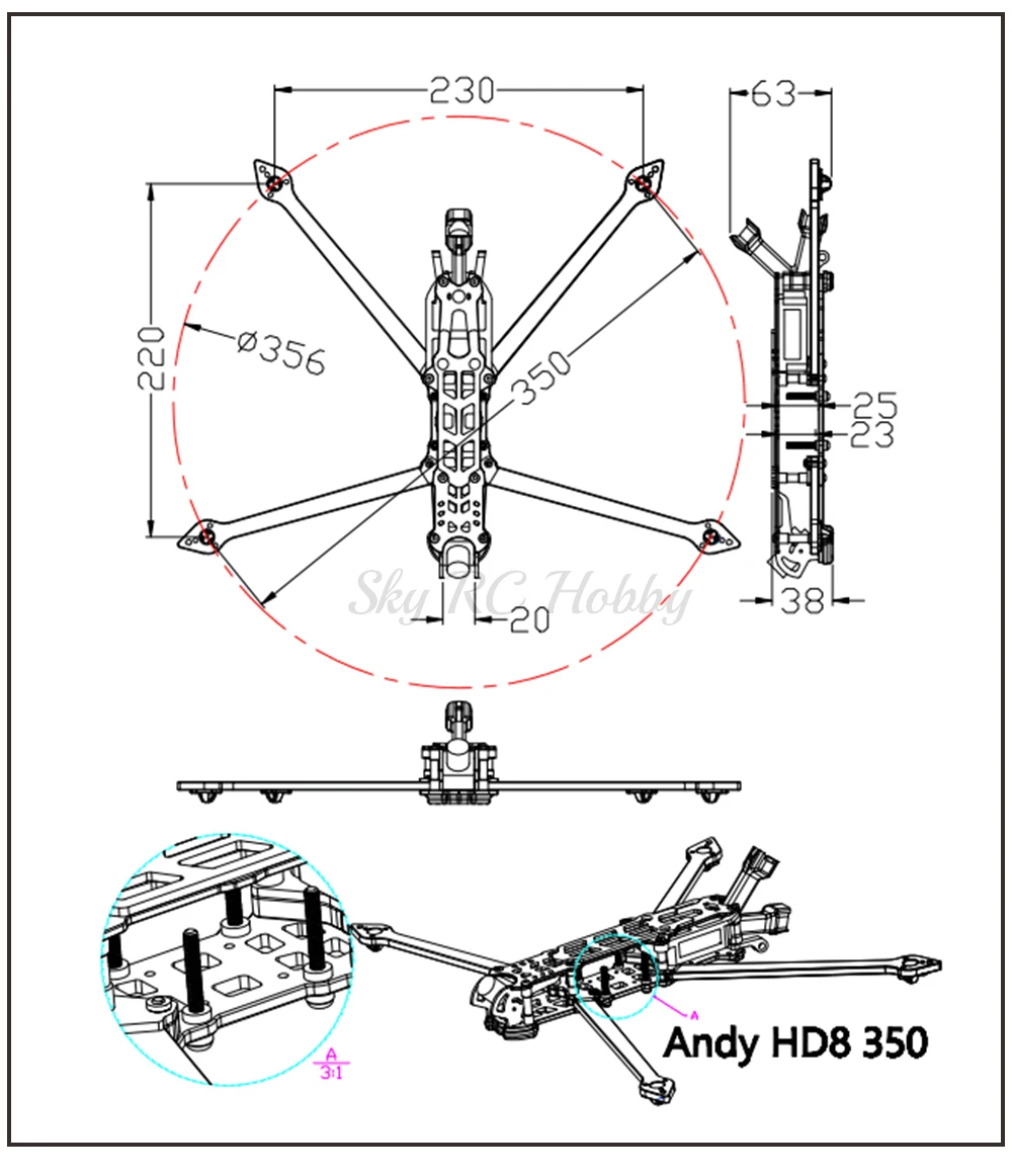 Andy HD8 350mm 350 8 pollici Quadcopter Kit telaio Freestyle con braccio da 5mm TPU parti di stampa 3D/8330 elica per FPV Racing Drone