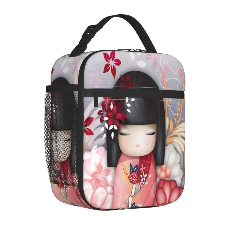 Red Sakura Kokeshi Doll lunch bag donna maschio Office Student bento Storage borsa isolata divertente borsa bento isolata addensata