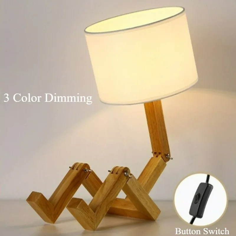 Wooden Robot Shaped Desk Lamp with 3 Color Dimming Button Switch Living Room Study Reading Light Bedroom Bedside Night Light