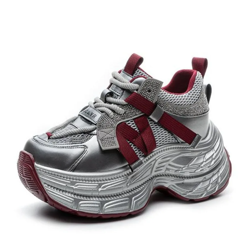 

9CM Air Mesh Microfiber Bling Women Shoes Breathable Vulcanize Leather Casual Fashion High Brand Spring Summer Platform Sneakers