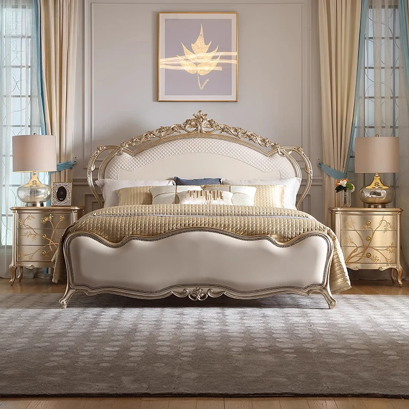 

French Retro Bed Carved Wood Bedroom Luxury Leather Double Bed Wedding Headboards Unique Letto Matrimoniale Modern Furniture