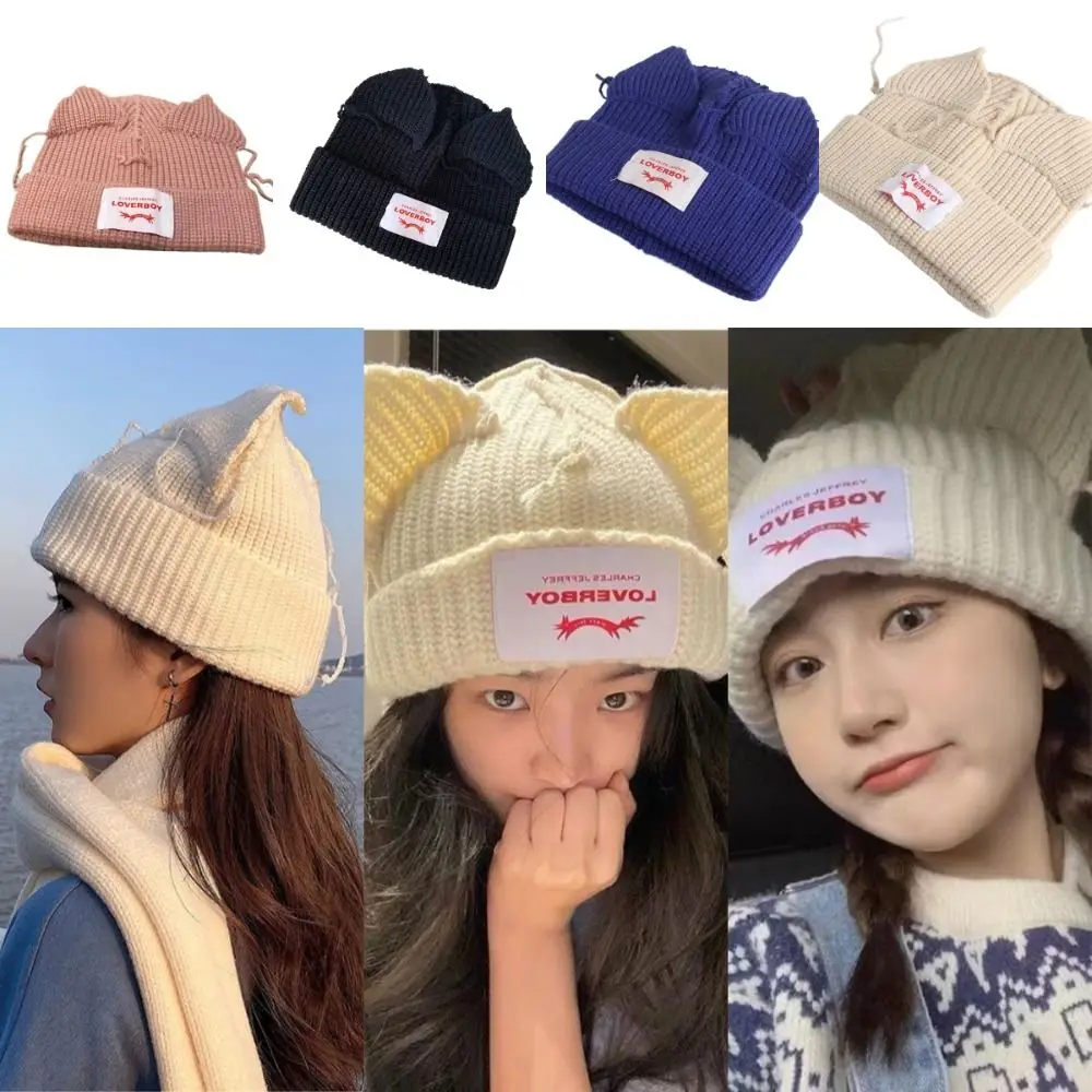 Fashionable Personalized Cat Pig Ear Hat Double-Layer Show Face Small Knitted Wool Hat Thick Solid Color Hip Hop Caps Winter