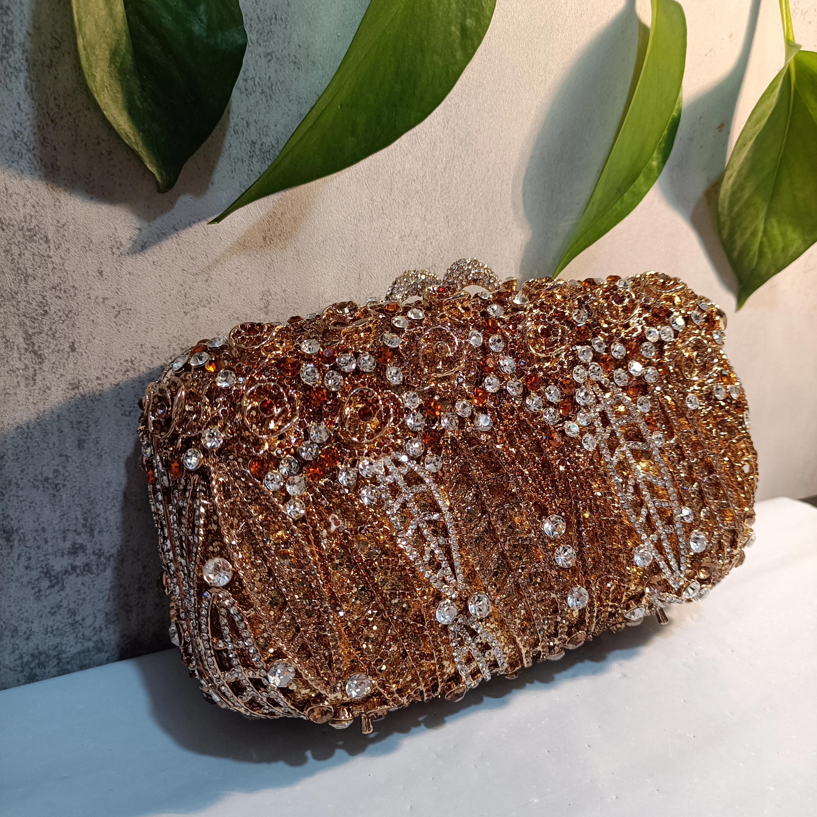 Bolsos de mano con hojas marrones ahuecados para mujer, bolso elegante de Gala para boda, novia, cristal, bolso de noche para graduación, bolso de fiesta con diamantes