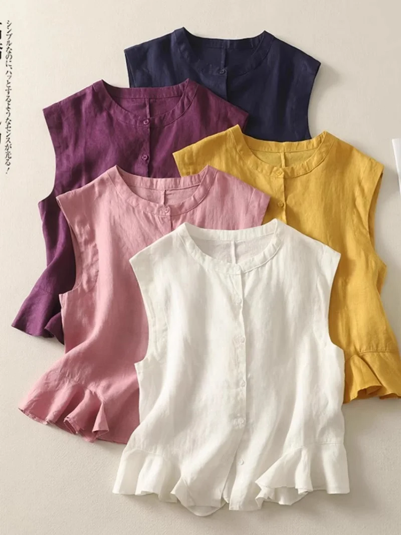 Linen Sleeveless Shirt Ladies Summer Loose Breathable Cotton Linen Vest Single Breasted Top W202