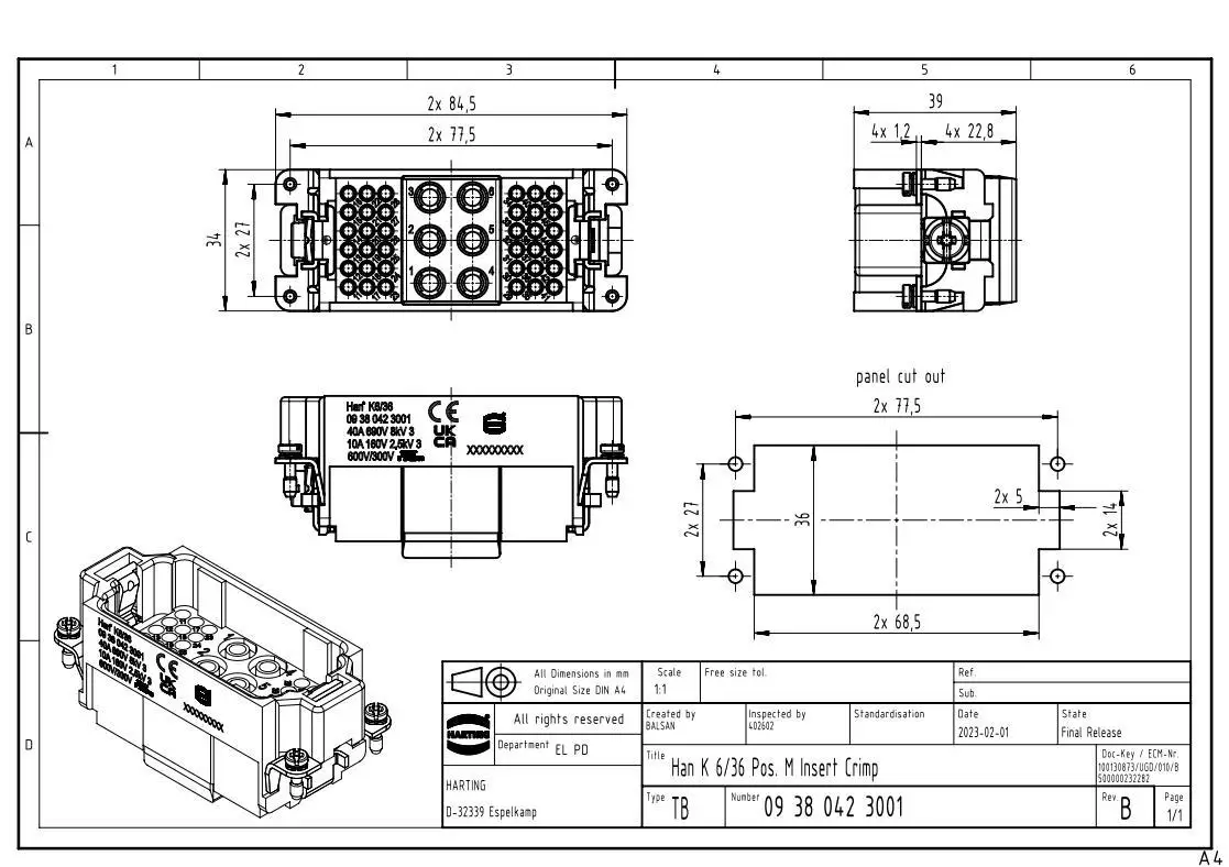 09380423001 HARTING Han K 6/36 Heavy Duty Connector, Male 6 Co., 36 Thin