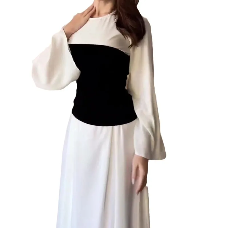 

Amazon Europe and The United States Autumn New Black and White Splicing Celebrity Design Sense Waist Thin Dress Long Dress Women