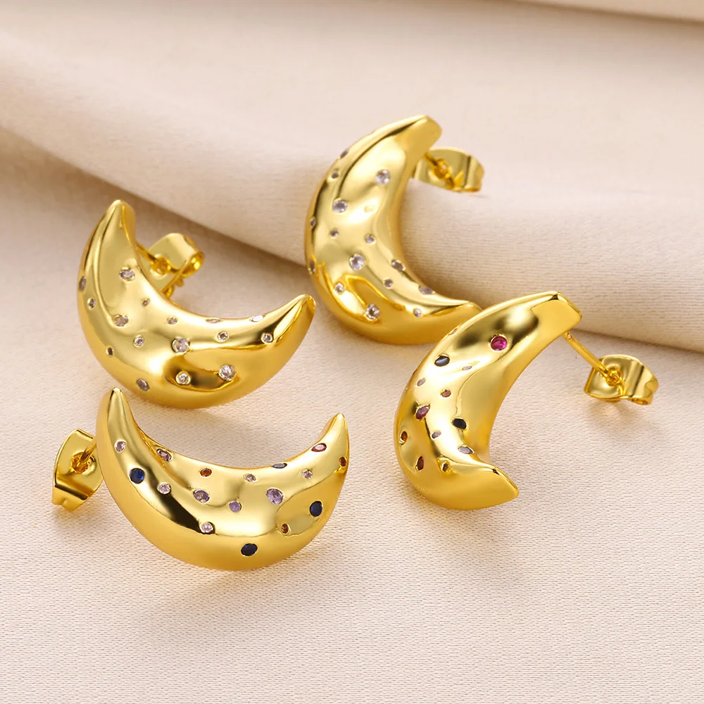 

Minimalist Crescent Moon Stud Earrings For Women Colorful White CZ Inlayed Moon Earings Good Luck Mother Daughter Gift Jewelry