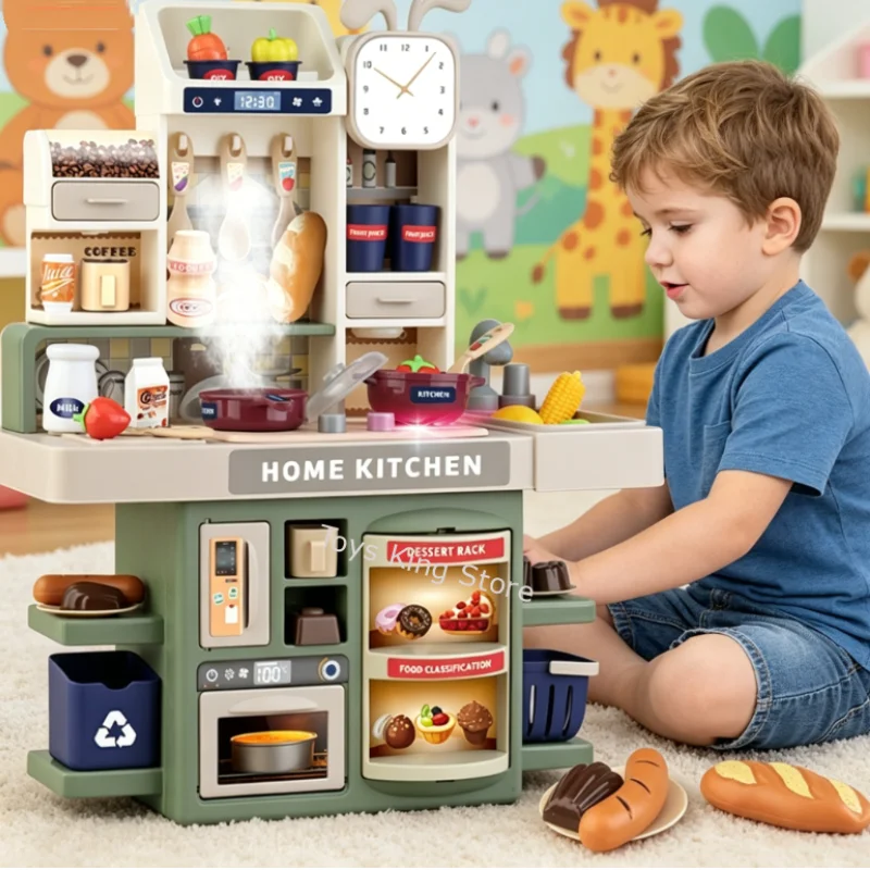 シミュレーションスプレー水ストーブ食器子供用食品キッチンままごとおもちゃセット調理カウンターライト付き女の子男の子ギフト