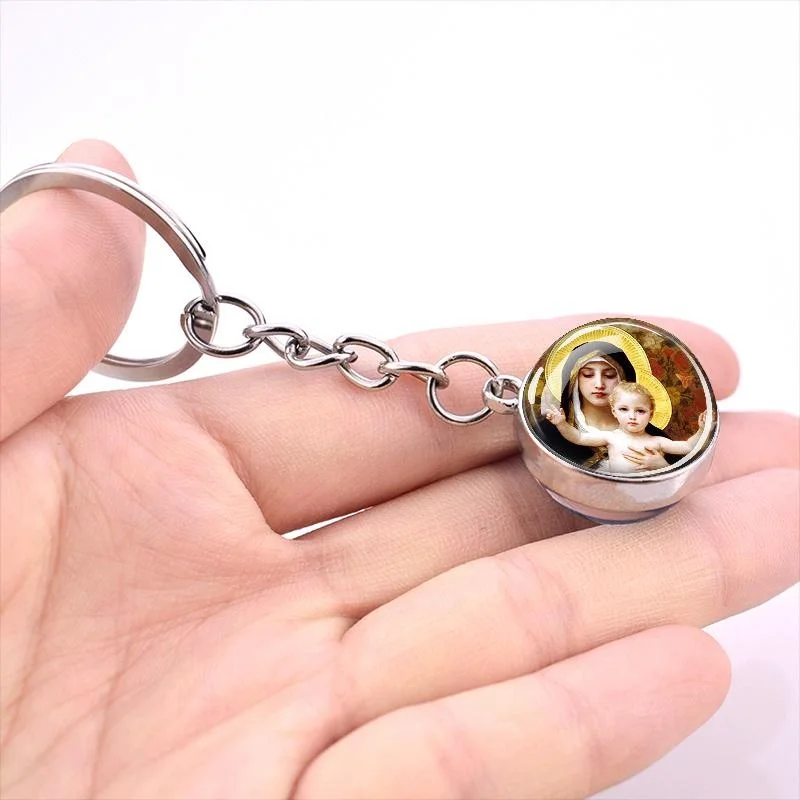 Virgin Mary Glass Ball Keychain - Christmas Catholic Religious Gift for Women Men Baptism Communion