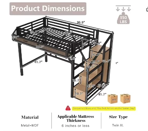 Twin XL Bed with Storage Stairs Shelves Wardrobe LED USB Noise-Reduced Natural Wood, Customized image 2