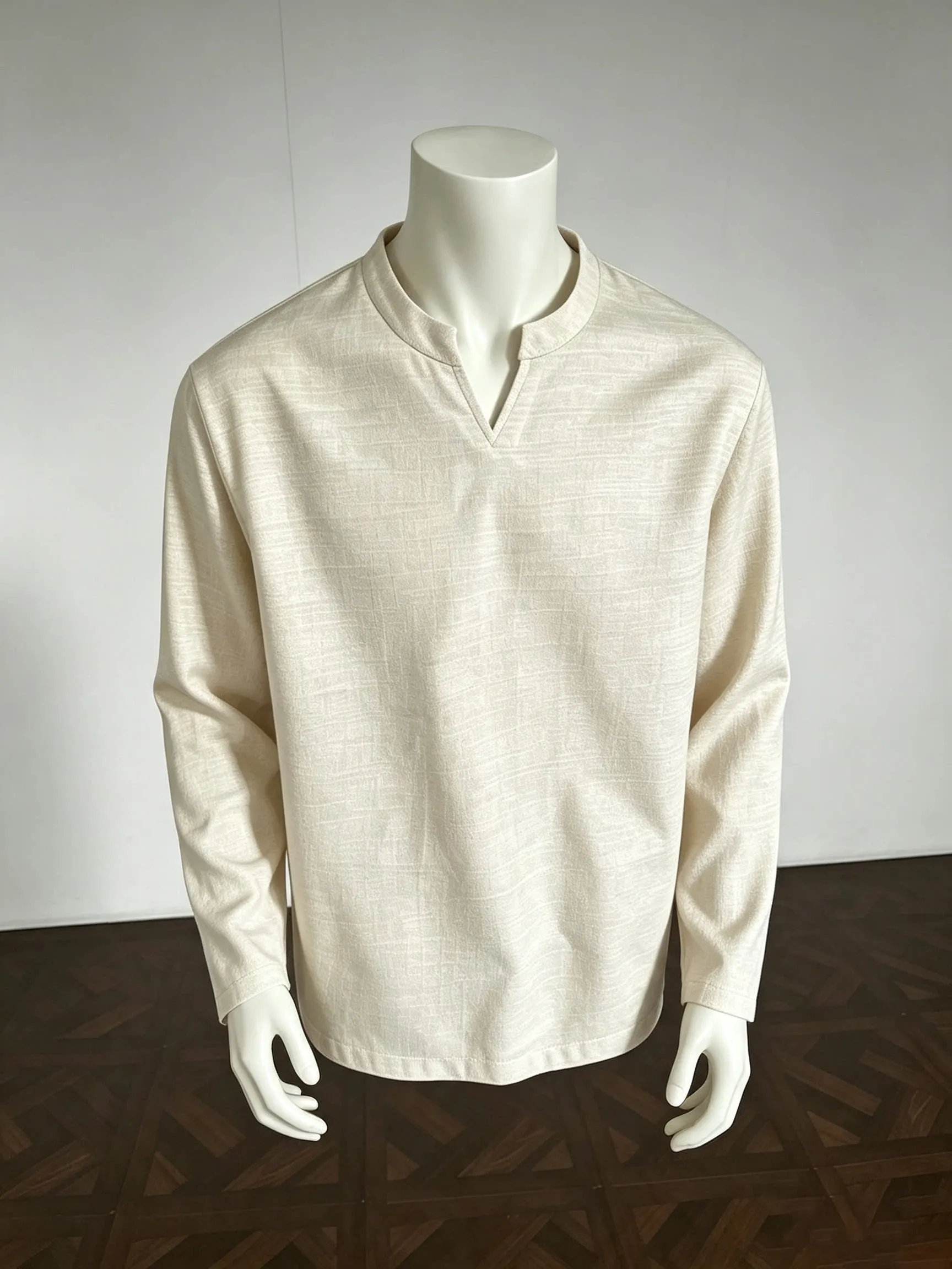 Loose Fit Long Sleeve V-Neck T-Shirt Men's Casual Luxury Lightweight Linen-Like Crew Neck Sweatshirt Standard Fit Youth Trend