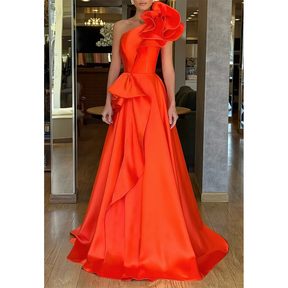 

Modern Style Evening Dresses Women's One Shoulder Sleeveless Pleated Prom Gowns Customized Ruffle A-line Court Train Party Dress