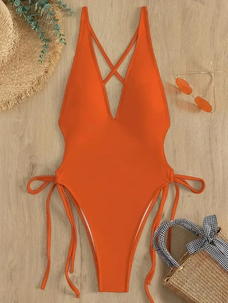 Sexy Deep V Neck One Piece Swimsuit Women Solid Yellow White Hollow Out Pleate Swimwear Beach Bandage Bathing Suit Monokini image 5