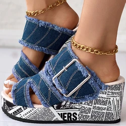 Women Shoes Casual Fashion Vacation Daily Wear Summer Newspaper Buckled Denim Wedge Slippers Sandals