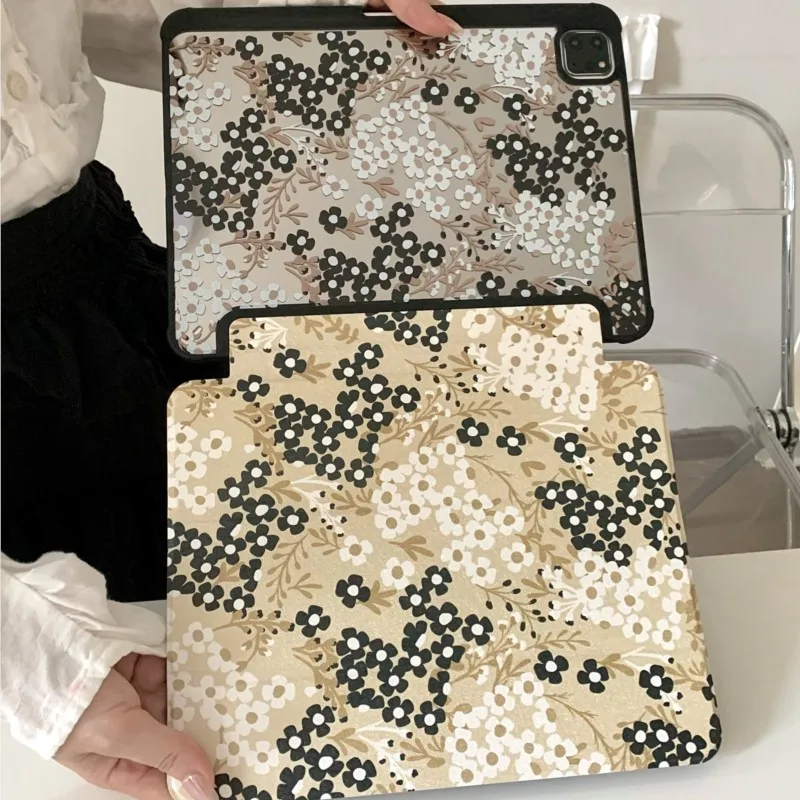 Tri-fold Mirror with Pencil Holder Elegant Vintage Floral Tablet Case for iPad Air6/7/8 11in A16 A19 Pro 11in 2026 M4 2025 Cover