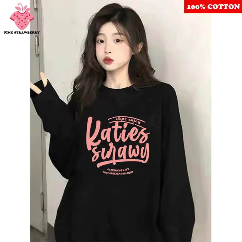 

Black Round neck Long sleeved T-shirt Women Autumn 2025 New 100% Cotton Oversize Loose Casual T-shirt Y2k Top Ladies clothing