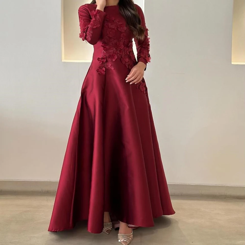 

Customized Red O-neck A-line Flower Draped Satin Evening Dresses Full Sleeves Sweep Train Draped Pageant Gowns فساتين سهرة