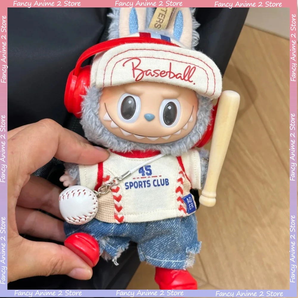 Honkbal Sport Uniform Cap Hoofdtelefoon Bal Bat Schoenen Kleding Set voor V1 V2 V3 Labubu Mini Pluche Pop Kleding Mode Accessoires