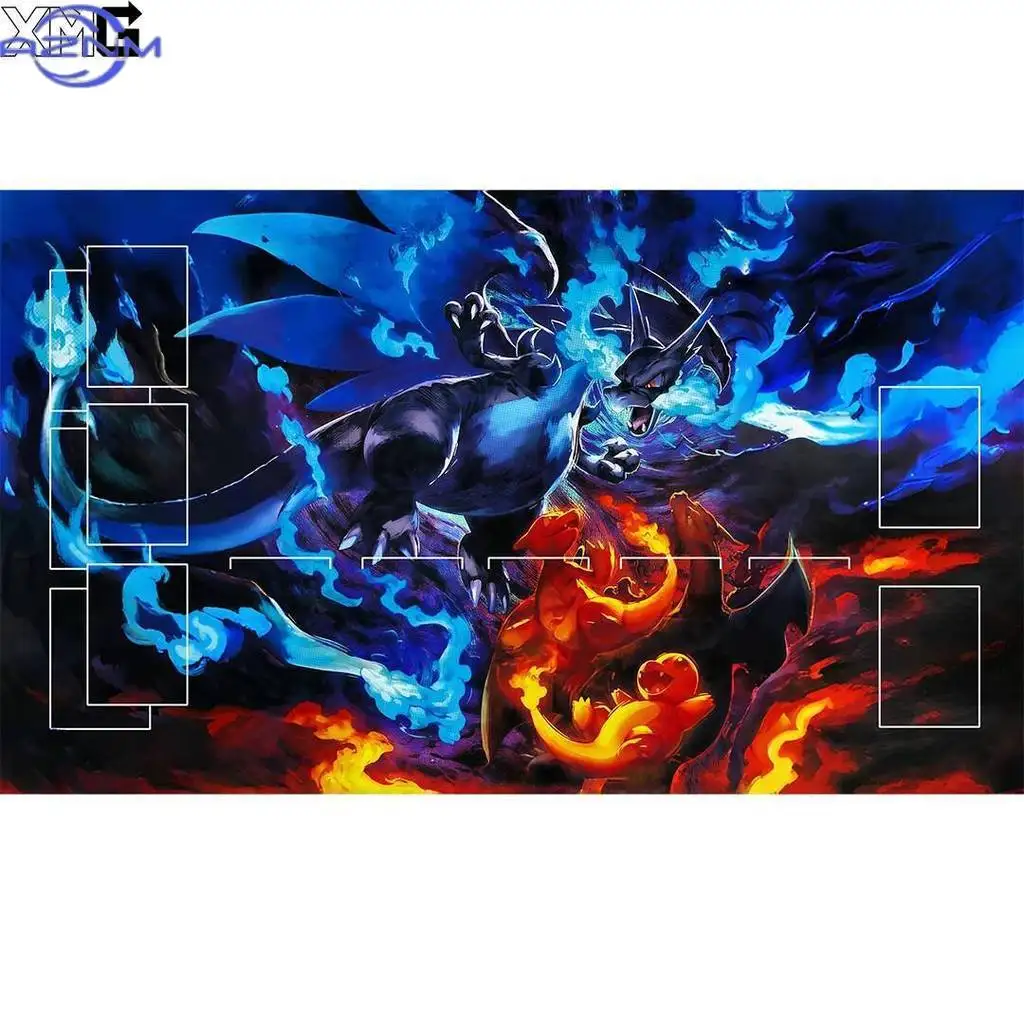 Pokemon Playmat - Mega Charizard X Growlithe PTCG Battle Card Mat Anime Toy Gift