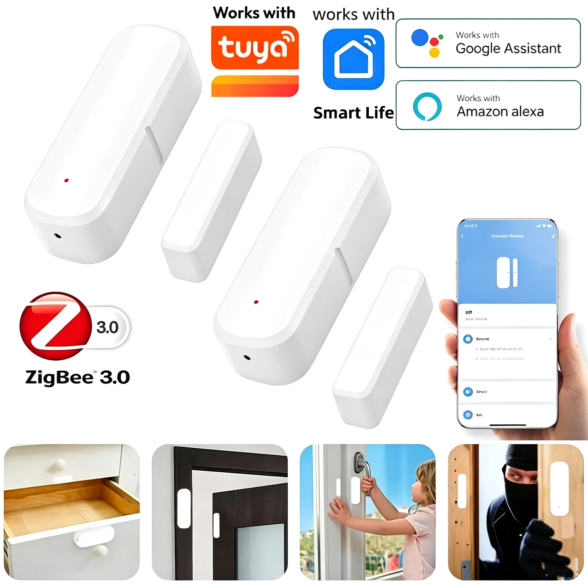 Work with tuya smart life app Door magnetic sensor WiFi smart home anti-theft door switch sensor alarm