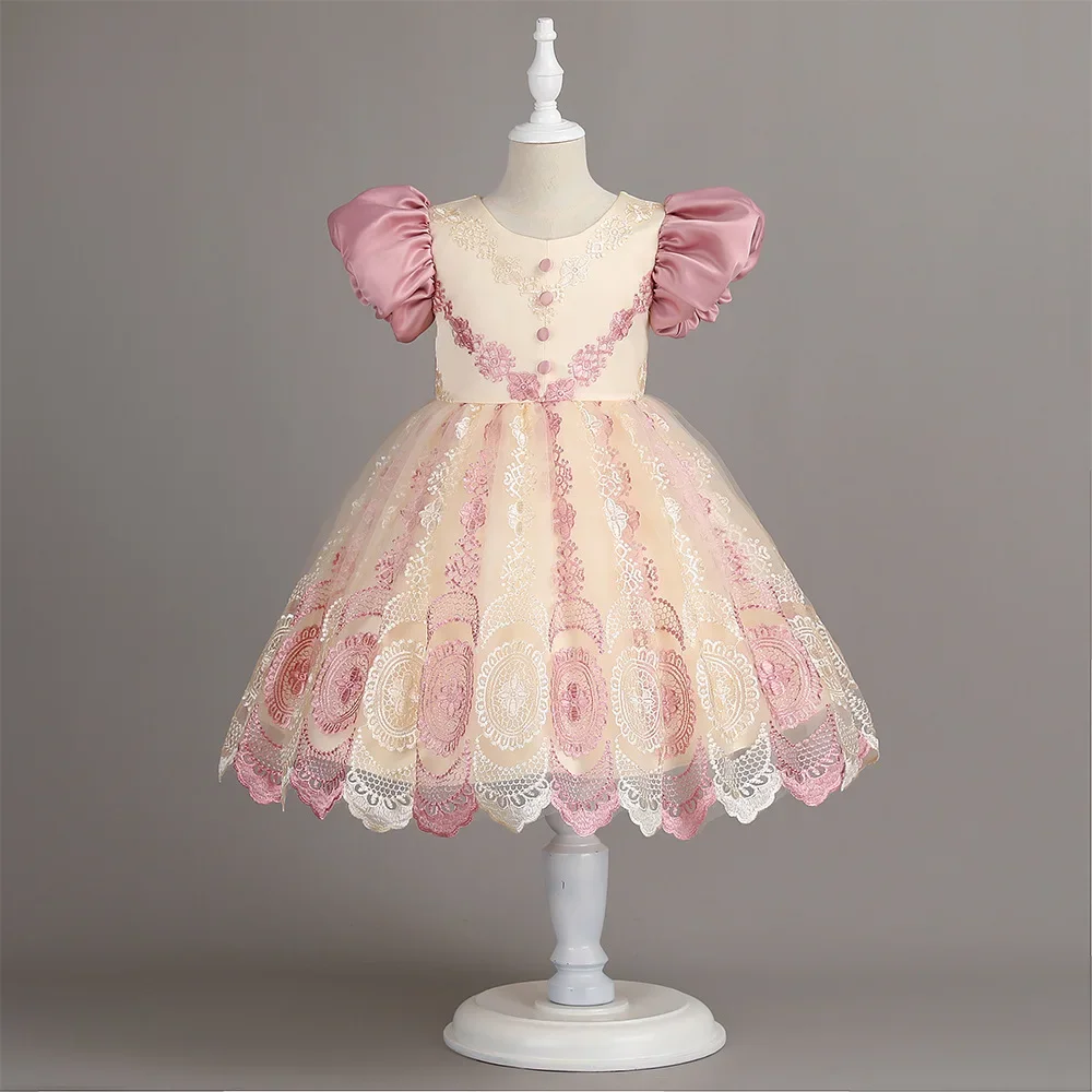 Vestido bordado Vintage para niña, vestidos de encaje para niña de flores para bodas, manga abombada con botones, vestido de fiesta de cumpleaños para niños de 2 a 10 años