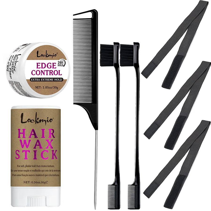 

LOCKMIO Women Hairstyle Kit Hair Wax Stick Edge Control Gel for Smoothing Hair Rat Tail Comb Edge Brush Elastic Band Travel Kit
