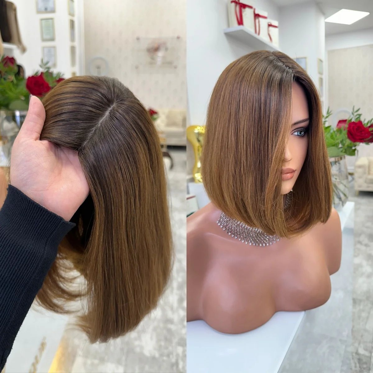 Honey Brown Realistic Look Natural Hairline Wigs Luxury Bob Highlight Synthetic Lace Top Wigs With Dark Roots Premium Fibre