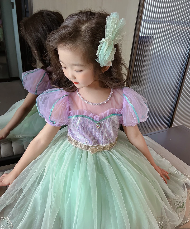 Puffy Dresses for Girls Summer 2023 Queen Rapunzel Green Princess Beautiful Girl Costume Sequin Dress Clothes 2 to 8 Years Old